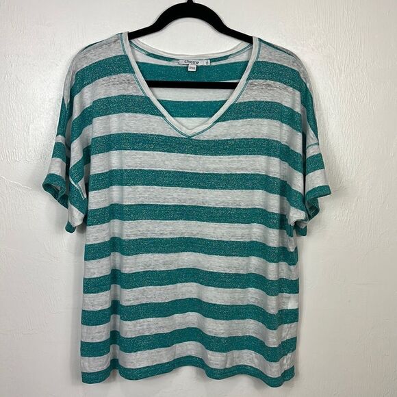 Chico’s Linen Blend Aqua Stripe V-neck Tee Size XL - Picture 2 of 9